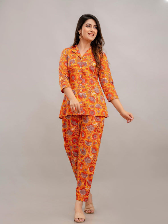 Women Deep Orange Printed Co-ord Set - Frionkandy