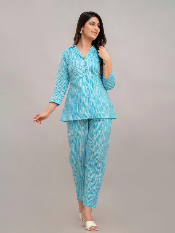 Women Baby Blue Printed Co-ord Set - Frionkandy