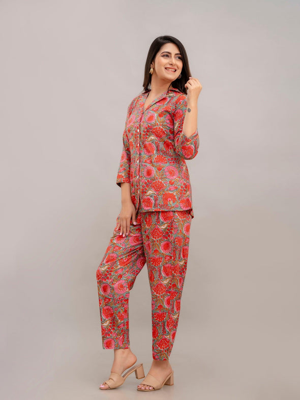 Women Red Printed Co-ord Set - Frionkandy