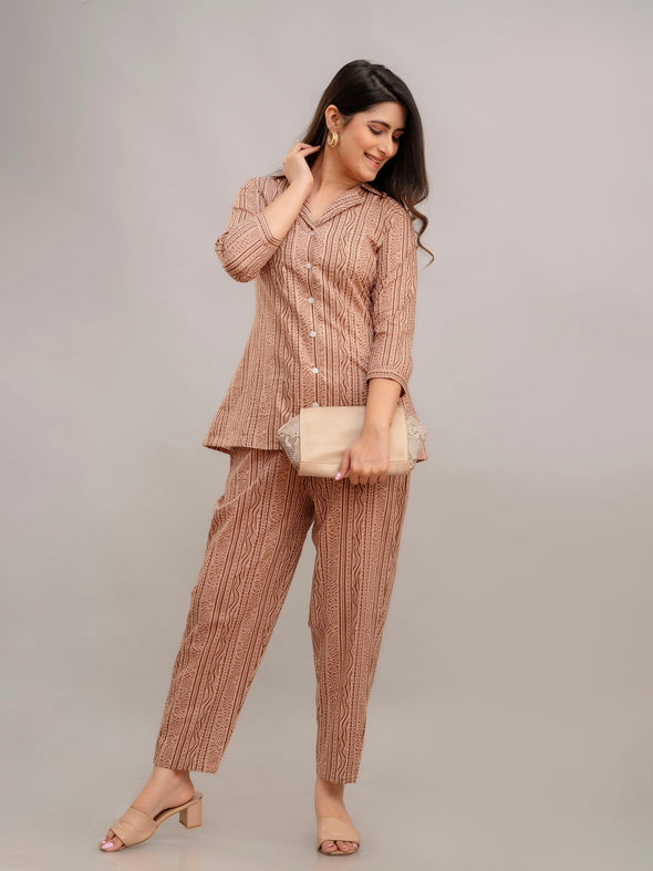 Women Bare Beige Printed Co-ord Set - Frionkandy