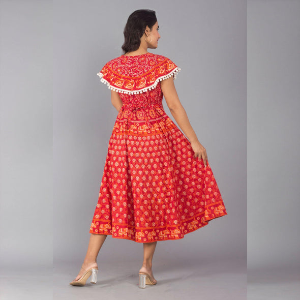 Red Pom Pom Cape Cotton Dress (UCDP1002) - Frionkandy