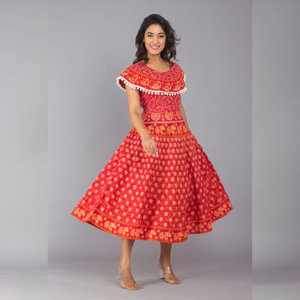 Red Pom Pom Cape Cotton Dress (UCDP1002) - Frionkandy