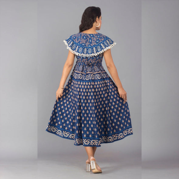 Saphire Blue Pom Pom Cape Cotton Dress - Frionkandy