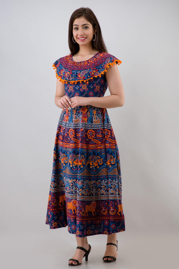 Blue Pom Pom Cape Cotton Flared Animal Print Long Dress (UCDP1009) - Frionkandy
