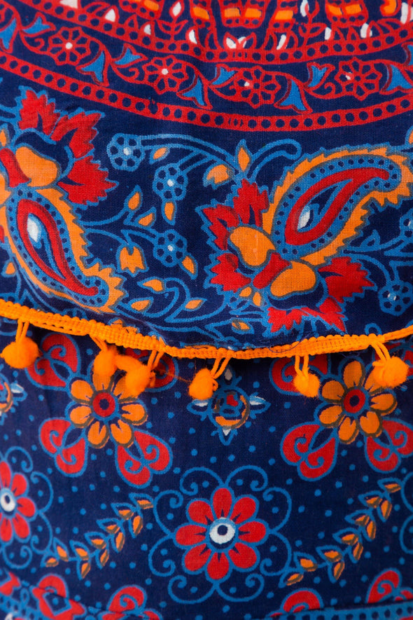Blue Pom Pom Cape Cotton Flared Animal Print Long Dress (UCDP1009) - Frionkandy