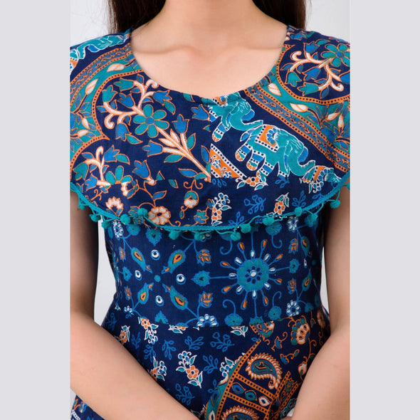 Blue Pom Pom Cape Cotton Flared Floral Print Long Dress (UCDP1012) - Frionkandy