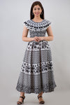 Black White Pom Pom Cape Cotton Flared Ethnic Print Long Dress (UCDP1121) - Frionkandy