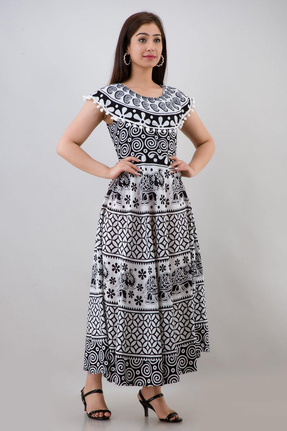 Black White Pom Pom Cape Cotton Flared Ethnic Print Long Dress (UCDP1121) - Frionkandy