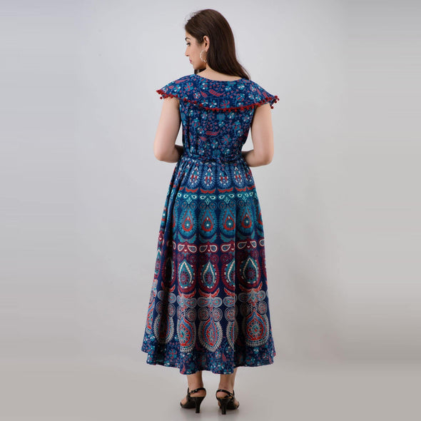 Blue Pom Pom Cape Cotton Flared Floral Print Long Dress (UCDP1128) - Frionkandy