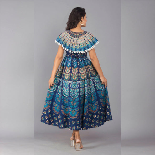 Blue Pom Pom Cape Cotton Dress - Frionkandy