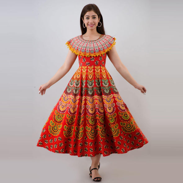 Red Pom Pom Cape Cotton Print Dress (UCDP1154) - Frionkandy