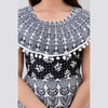 Black White Pom Pom Cape Cotton Flared Floral Print Long Dress (UCDP1252) - Frionkandy