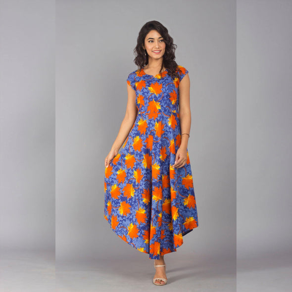 Blue Orange Sleeveless Rayon Dress - Frionkandy