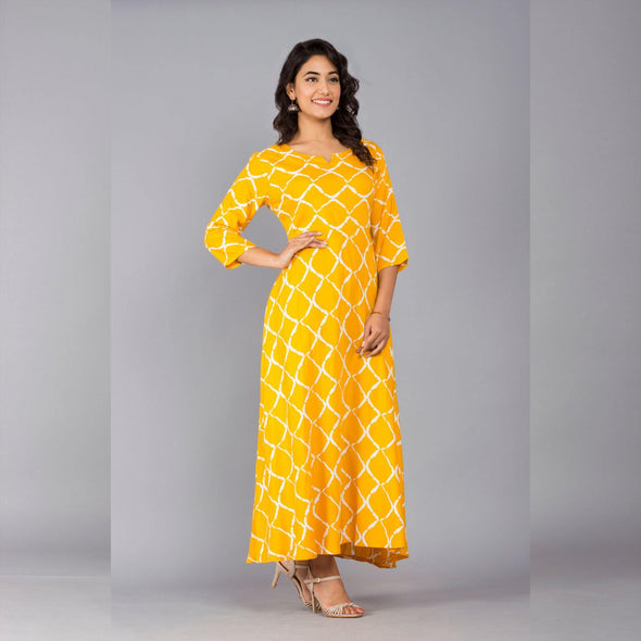 Yellow 3/4 Sleeve Rayon Dress - Frionkandy
