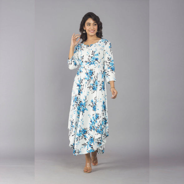 White Sky Blue 3/4 Sleeve Rayon Dress - Frionkandy