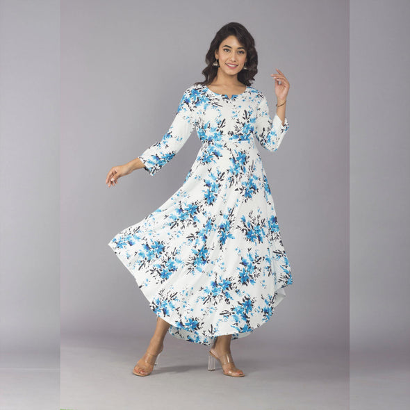 White Sky Blue 3/4 Sleeve Rayon Dress - Frionkandy