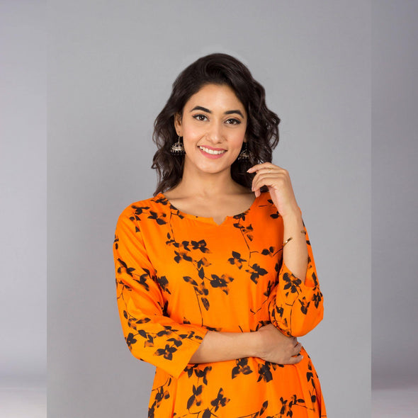 Orange 3/4 Sleeve Rayon Dress - Frionkandy